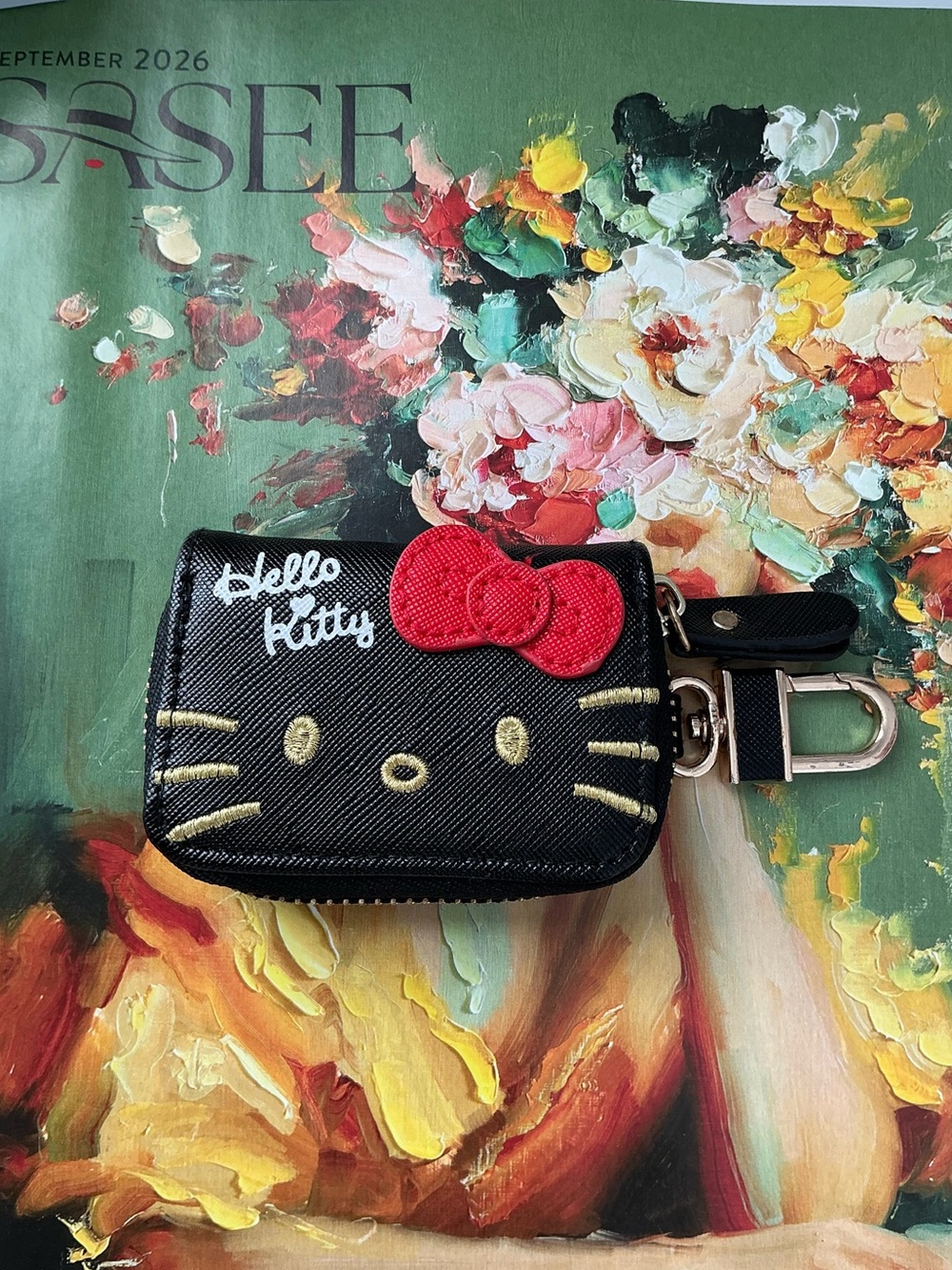 Hello Kitty Black Key Pouch with Red Bow and Gold Accents